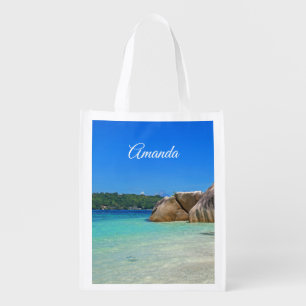 Beautiful Tropical Sea with a Rocky Beach Grocery Bag