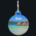 Beautiful Tropical Sea with a Rocky Beach Pet ID Tag<br><div class="desc">Personalized pet tag with a photograph of a turquoise blue ocean beach with big rocks scattered along the coast. Bright and sunny tropical locale.</div>