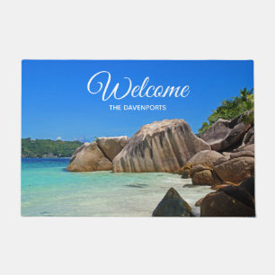 Beautiful Tropical Sea with Rock Covered Coast Doormat