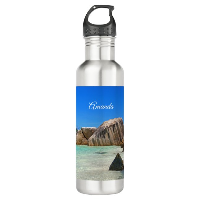 Beautiful Tropical Sea with Rock Covered Coast Stainless Steel Water Bottle (Front)