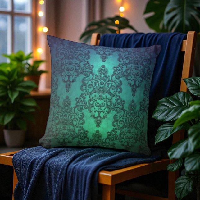 Beautiful Turquoise Blue Green Damask Throw Pillow (Creator Uploaded)