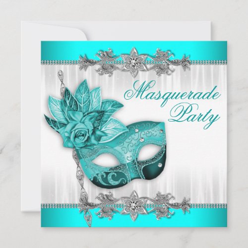 Silver Turquoise Blue Masquerade Party Invitations