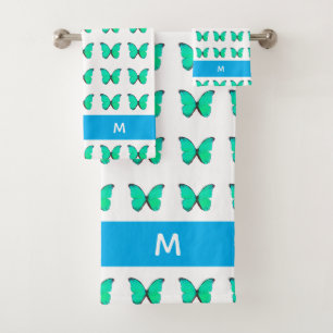 Beautiful Turquoise Butterfly Pattern on White Bath Towel Set