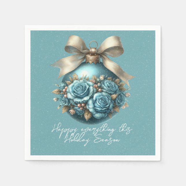 Beautiful Turquoise Christmas Ball Roses Snowfall Napkins (Front)