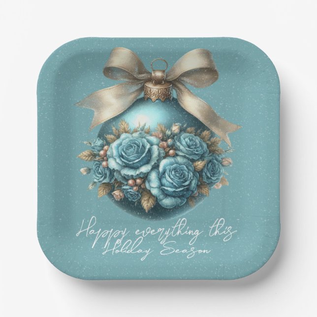 Beautiful Turquoise Christmas Ball Roses Snowfall Paper Plates (Front)