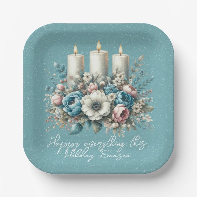Beautiful Turquoise Christmas Flowers Candles Paper Plates (Front)