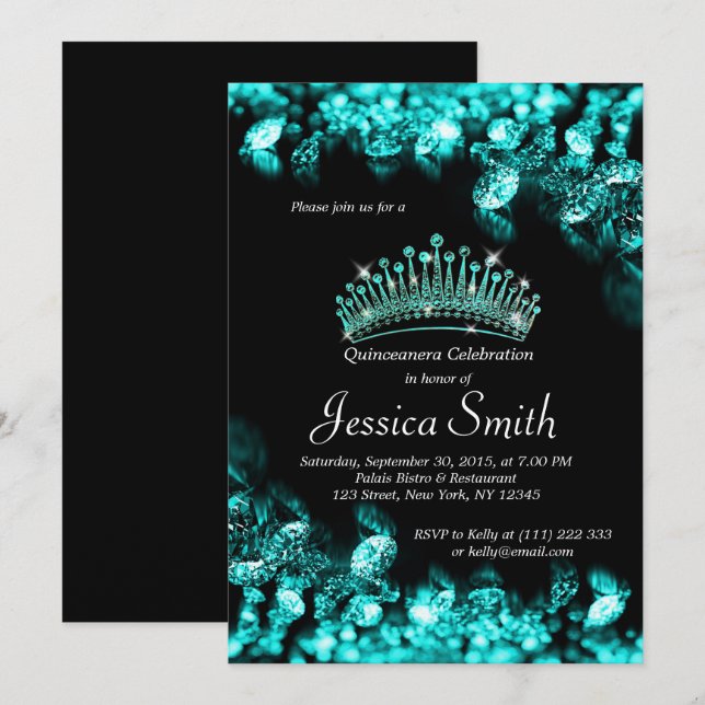 Beautiful Turquoise Diamond Quinceañera Invite (Front/Back)