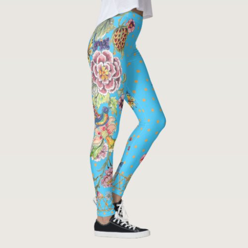 Beautiful Turquoise Floral Butterfly Chinoiserie  Leggings