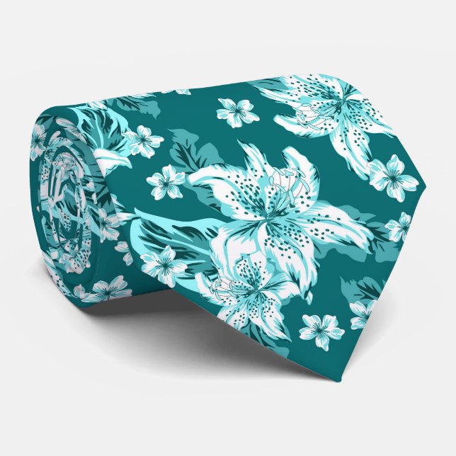 Beautiful turquoise flower pattern neck tie (Rolled)