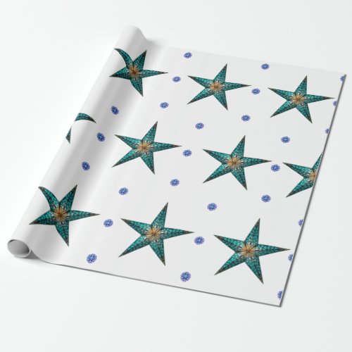 Beautiful Turquoise Holiday Star on White  Wrapping Paper