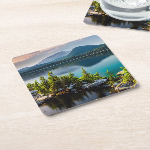 Beautiful Turquoise Lake Mountains Pine Forest   Square Paper Coaster