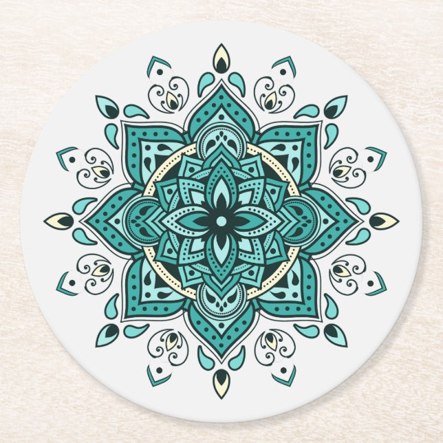 Beautiful turquoise mandala design round paper coaster (Front)