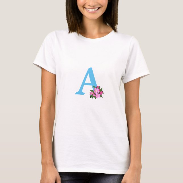 Beautiful Turquoise Monogram with Apple Flowers T-Shirt (Front)