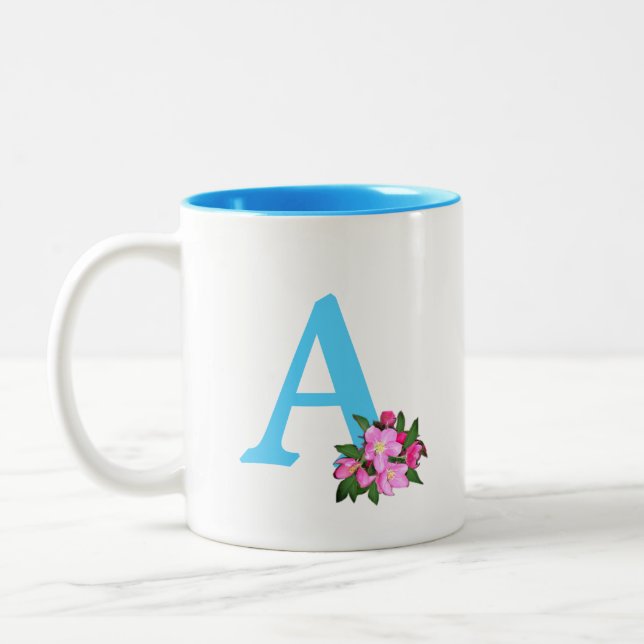 Beautiful turquoise monogram with apple flowers Two-Tone coffee mug (Left)
