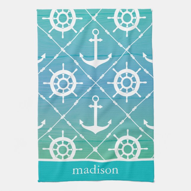Beautiful Turquoise Nautical Monogram Kitchen Towel (Vertical)