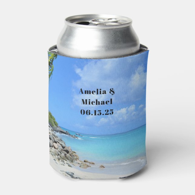 Beautiful Turquoise Tropical Beach Wedding Can Cooler (Can Front)