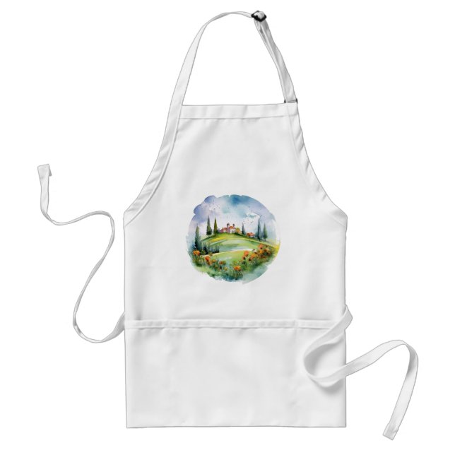 Beautiful Tuscany Watercolor Landscape Art  Adult Apron (Front)