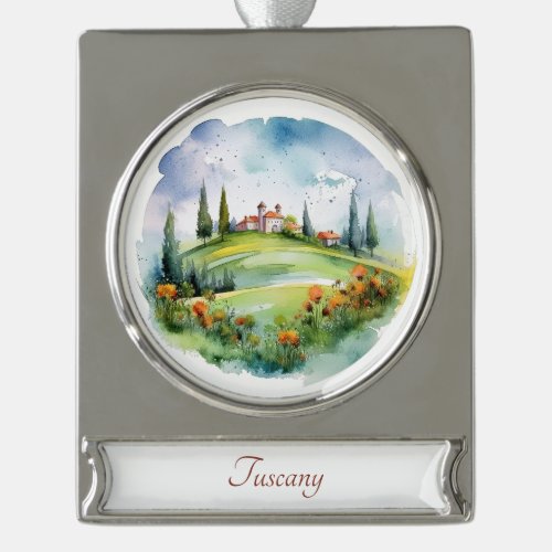 Beautiful Tuscany Watercolor Painting Landscape Silver Plated Banner Ornament