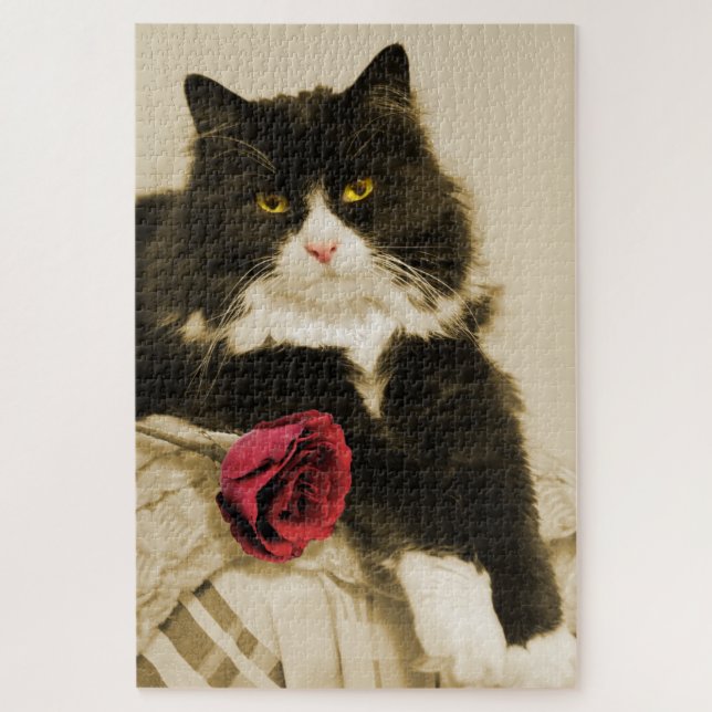 Beautiful Tuxedo Cat with Red Rose on Sepia Jigsaw Puzzle (Vertical)