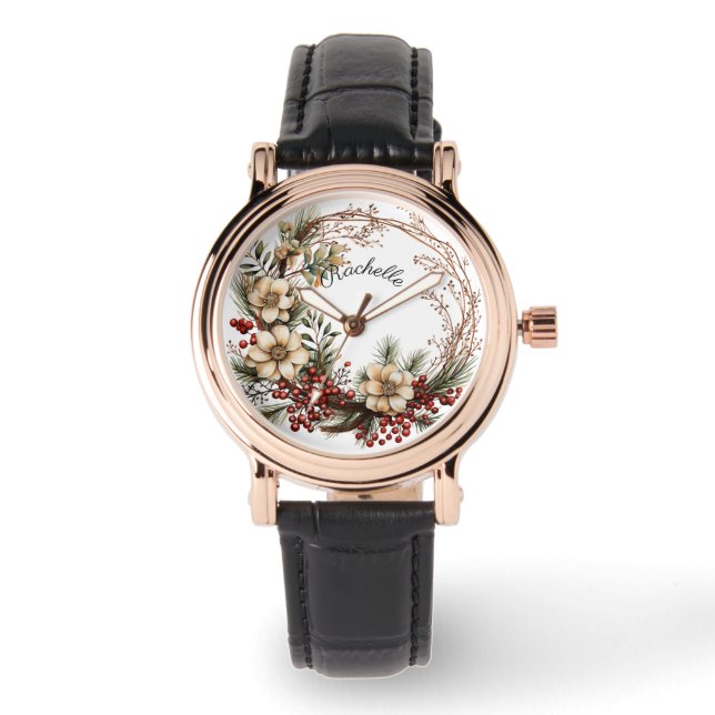 Beautiful Twig Wreath White Flowers Red Berries  Watch (Front)