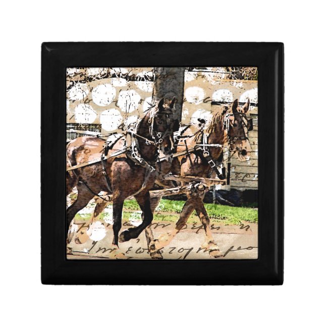 Beautiful Two Horse Team Mixed Media Collage Keepsake Box (Front)