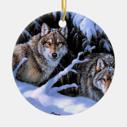 Beautiful Two Wolves Paintings Ceramic Ornament