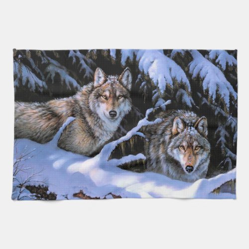 Beautiful Two Wolves Paintings Kitchen Towel