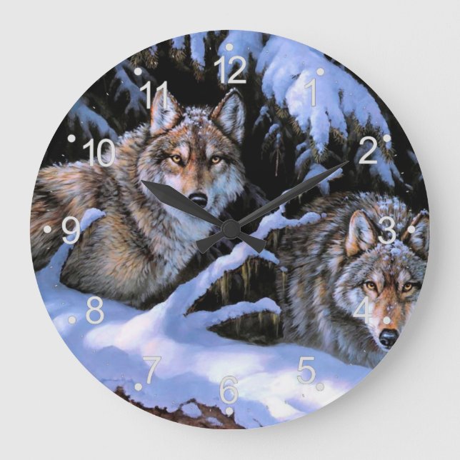 Beautiful Two Wolves Paintings Large Clock (Front)