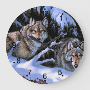 Beautiful Two Wolves Paintings Large Clock