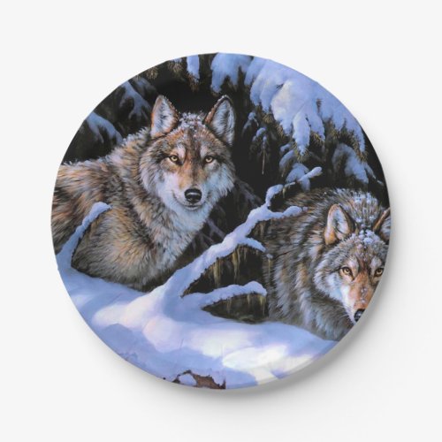 Beautiful Two Wolves Paintings Paper Plates