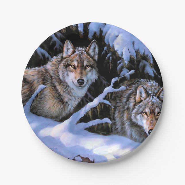 Beautiful Two Wolves Paintings Paper Plates (Front)