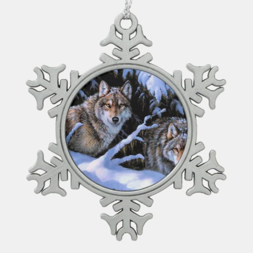 Beautiful Two Wolves Paintings Snowflake Pewter Christmas Ornament