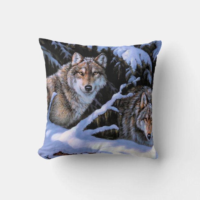 Beautiful Two Wolves Paintings Throw Pillow (Front)