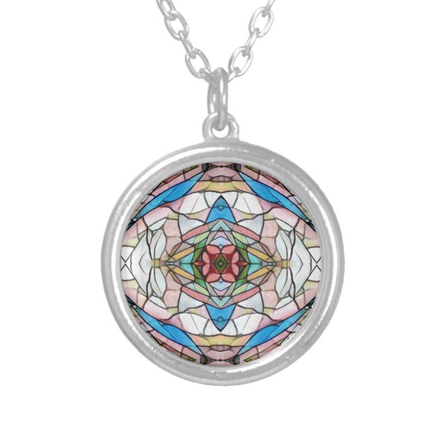Beautiful Uncommon Artistic Stained Glass Pattern Silver Plated Necklace (Front)