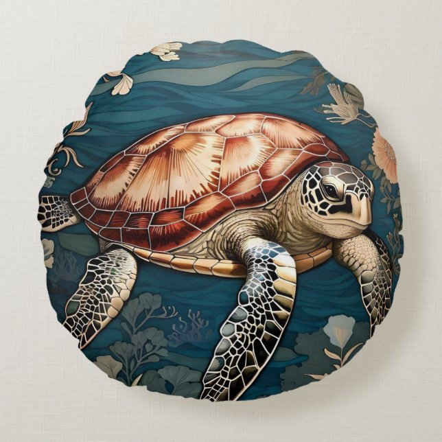 Beautiful Underwater Sea Turtle   Round Pillow (Front)