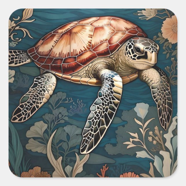 Beautiful Underwater Sea Turtle   Square Sticker (Front)