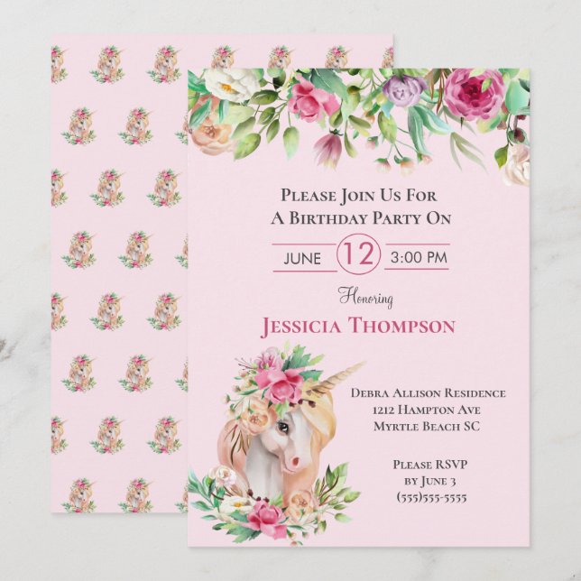Beautiful Unicorn  Birthday Invitation (Front/Back)