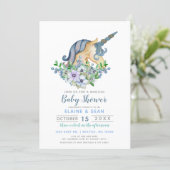 Beautiful Unicorn Blue Floral Boys Baby Shower Invitation (Standing Front)