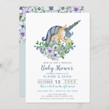 Beautiful Unicorn Blue Floral Boys Baby Shower Invitation