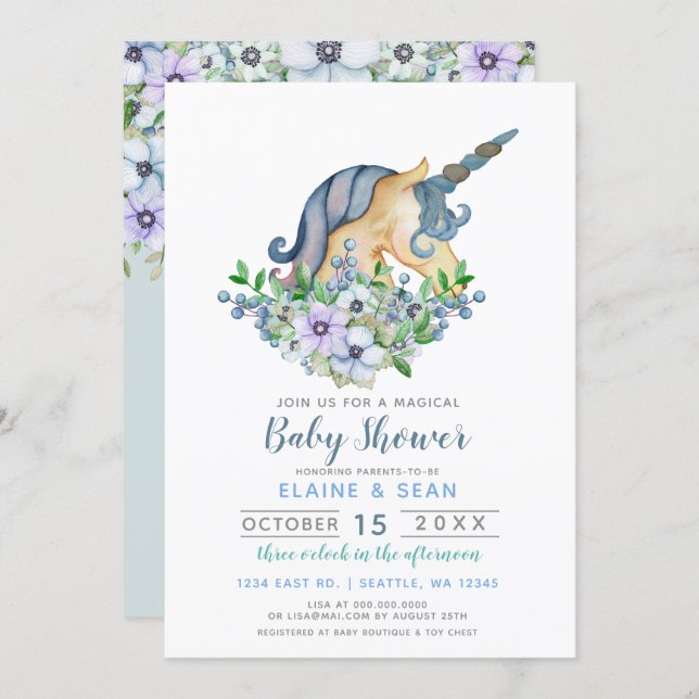 Beautiful Unicorn Blue Floral Boys Baby Shower Invitation (Front/Back)