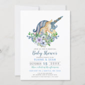 Beautiful Unicorn Blue Floral Boys Baby Shower Invitation (Front)