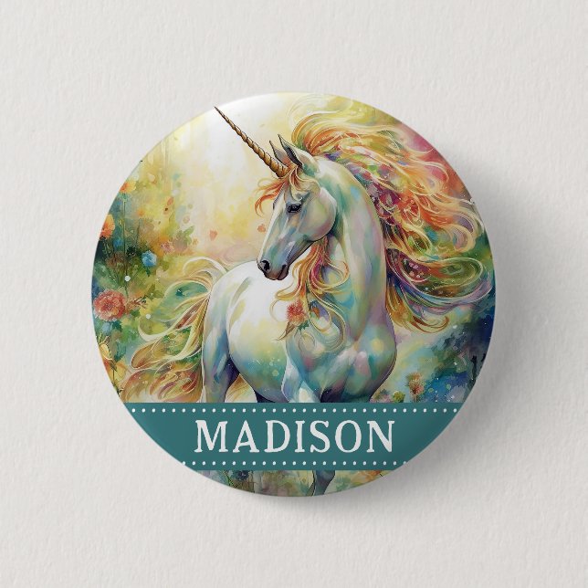 Beautiful Unicorn Button with Custom Name (Front)