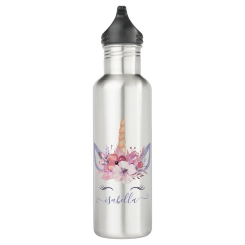 Beautiful unicorn face floral watercolor design stainless steel water bottle