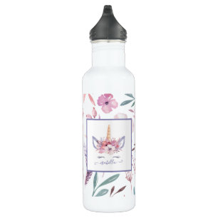 Beautiful unicorn face floral watercolor design stainless steel water bottle