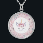 Beautiful unicorn face floral watercolor design sterling silver necklace<br><div class="desc">Beautiful fun colorful Unicorn face watercolor floral design. The perfect gift for the little girl in your life with this beautiful watercolor unicorn illustration and space to personalize. Part of a collection.</div>