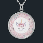 Beautiful unicorn face floral watercolor design sterling silver necklace<br><div class="desc">Beautiful fun colorful Unicorn face watercolor floral design. The perfect gift for the little girl in your life with this beautiful watercolor unicorn illustration and space to personalize. Part of a collection.</div>