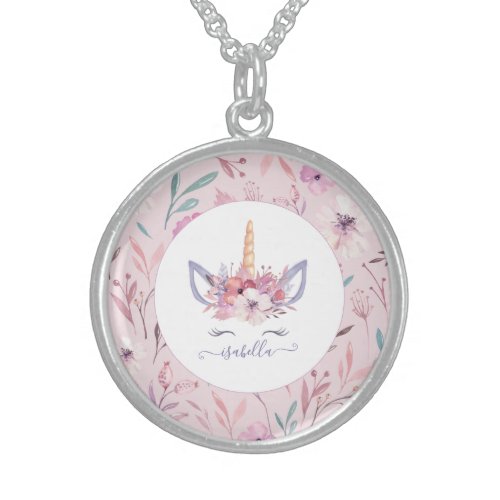 Beautiful unicorn face floral watercolor design sterling silver necklace