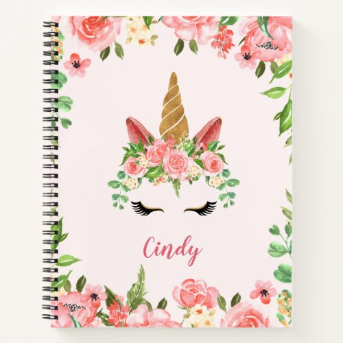 Beautiful Unicorn Face with Delicate Flowers  Notebook