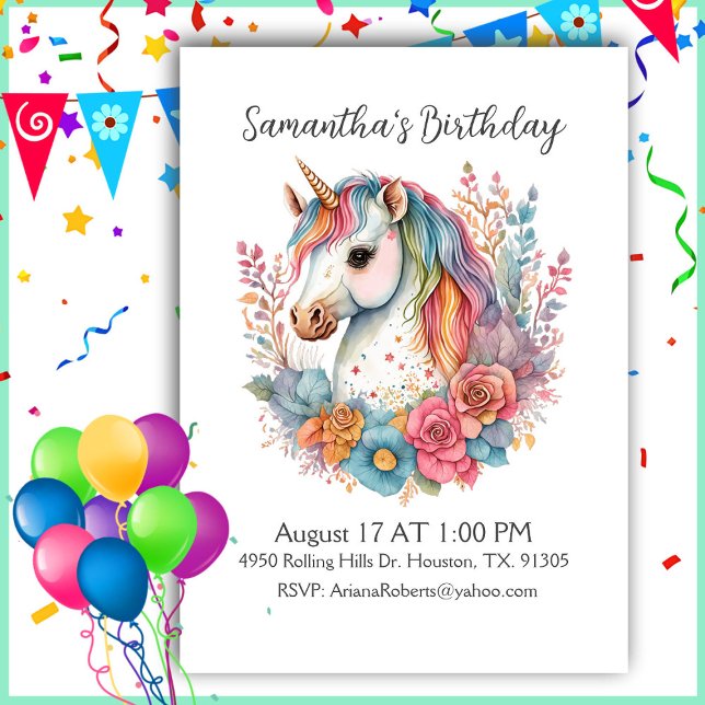 Beautiful Unicorn Girl Birthday Invitation (Creator Uploaded)