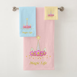 Beautiful unicorn head on pastel colors bath towel set